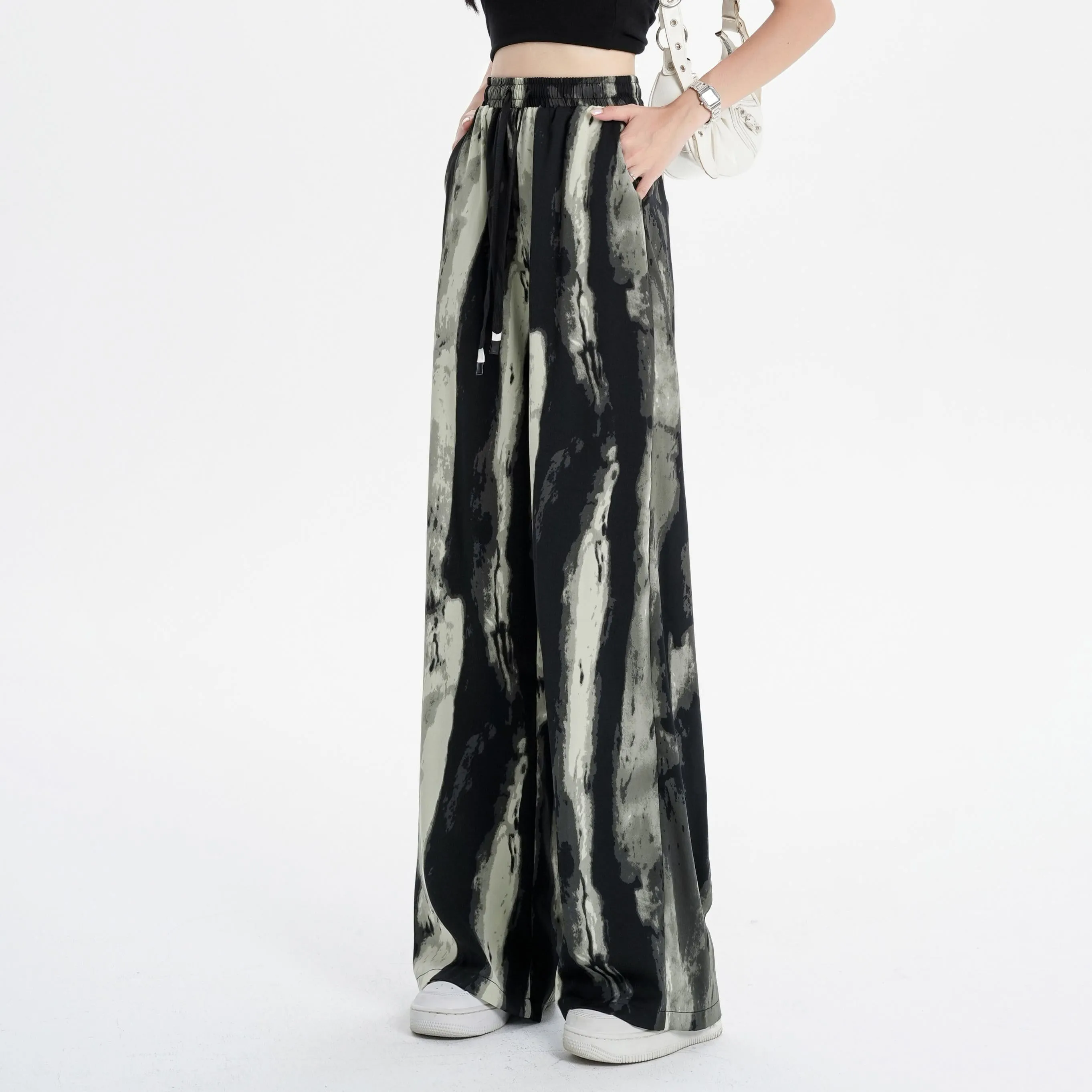 Silky Slimming High-Waisted Draping Ink Wash Painting Straight Leg Thin Tie-Dye Pants