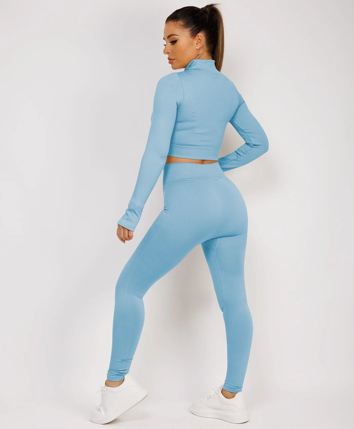 Sky Blue Half Zipped Neck Ribbed Activewear Set