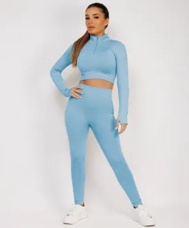 Sky Blue Half Zipped Neck Ribbed Activewear Set