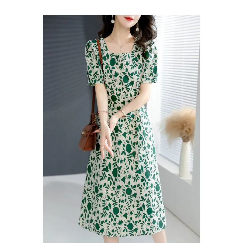 Slimming Floral Print French Style Square Collar Slim-Fit Green Dress