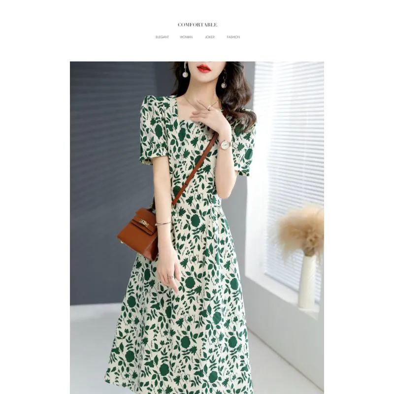 Slimming Floral Print French Style Square Collar Slim-Fit Green Dress