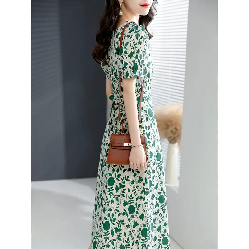 Slimming Floral Print French Style Square Collar Slim-Fit Green Dress