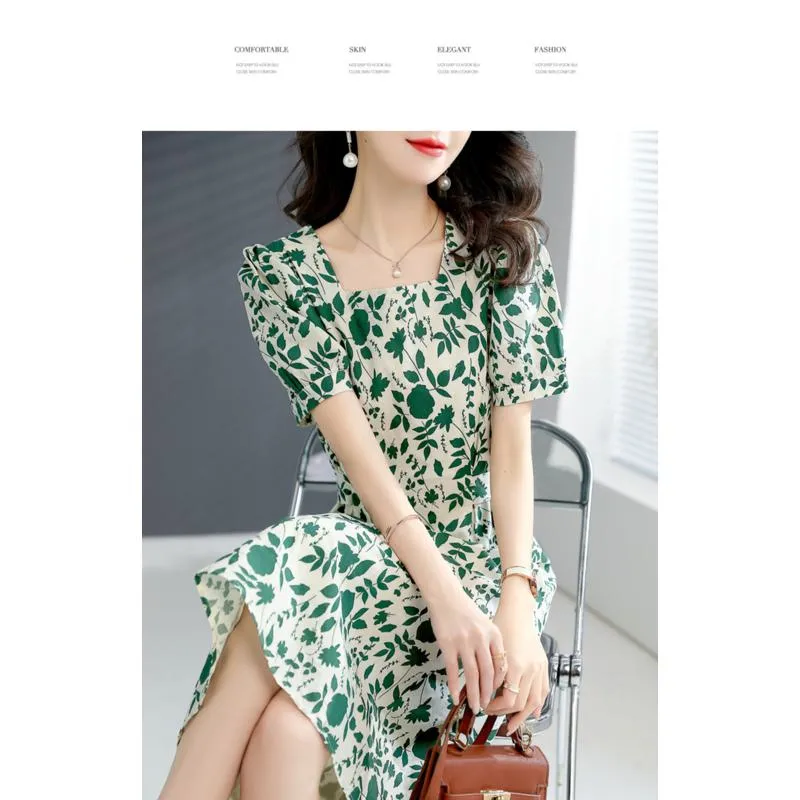 Slimming Floral Print French Style Square Collar Slim-Fit Green Dress