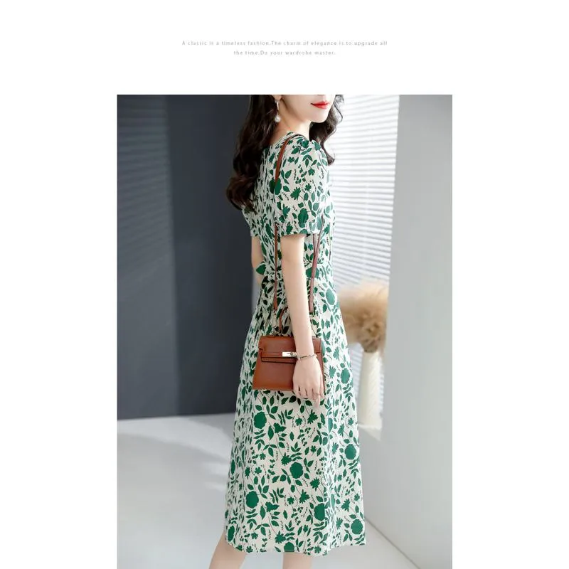 Slimming Floral Print French Style Square Collar Slim-Fit Green Dress