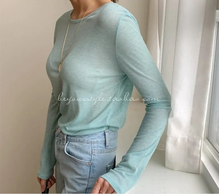 Spring Sexy Elastic Korean Style Skinny Slim Fit Long Sleeve Tops #2216