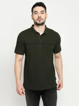 Spykar Bottle Green Cotton Half Sleeve Printed Casual Polo T-Shirts For Men