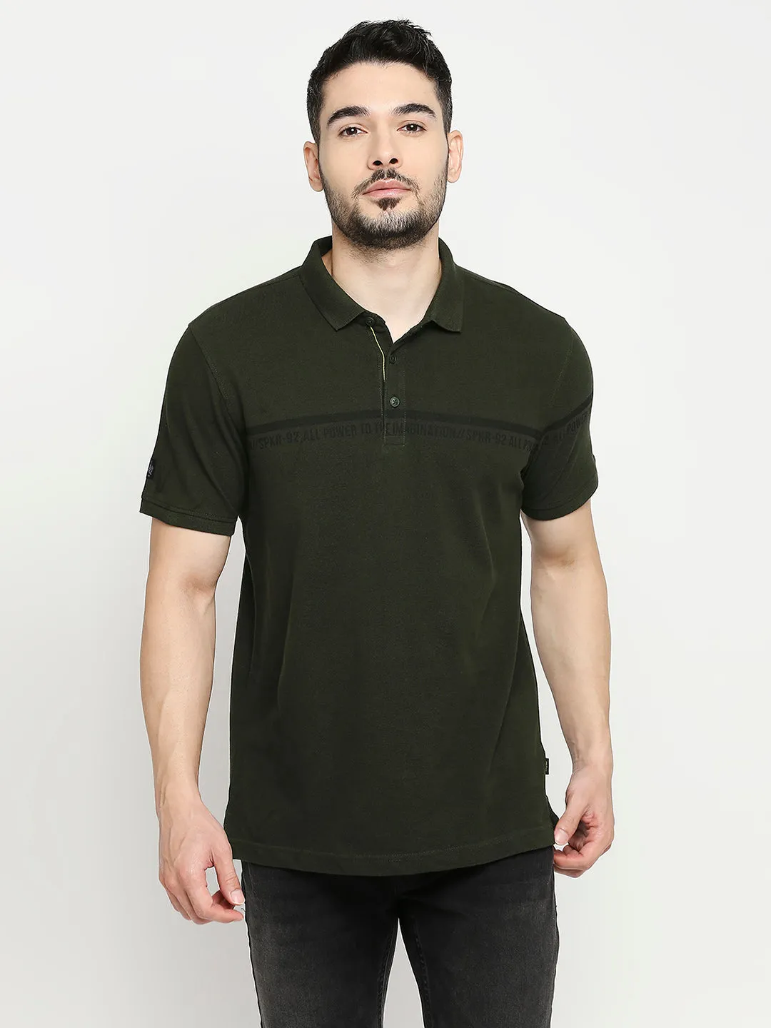 Spykar Bottle Green Cotton Half Sleeve Printed Casual Polo T-Shirts For Men