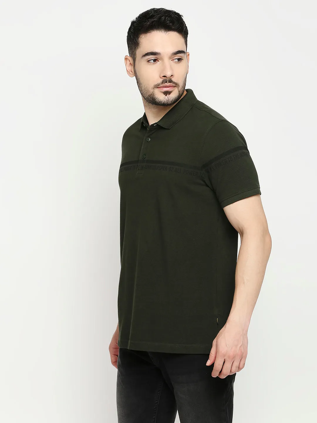 Spykar Bottle Green Cotton Half Sleeve Printed Casual Polo T-Shirts For Men