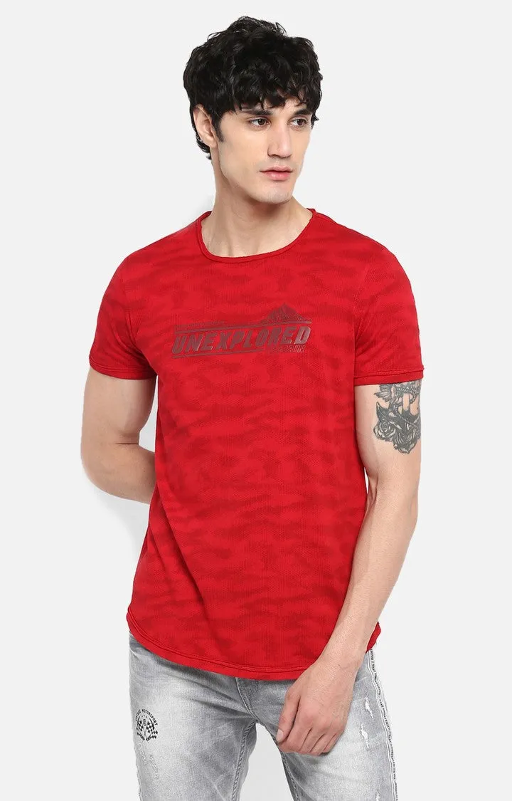 Spykar Deep Red Printed Slim Fit Men T-Shirts