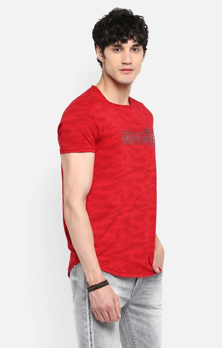 Spykar Deep Red Printed Slim Fit Men T-Shirts