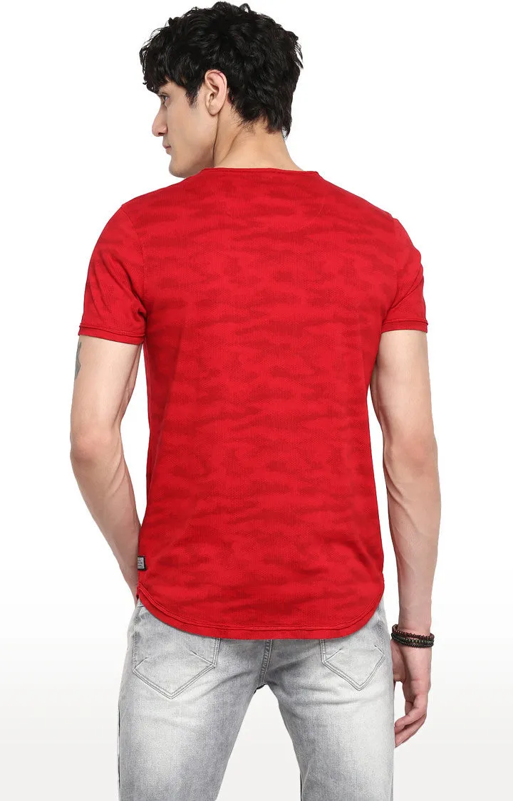 Spykar Deep Red Printed Slim Fit Men T-Shirts