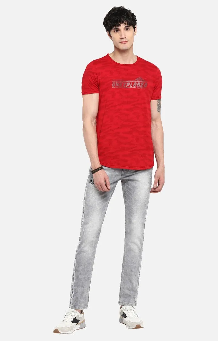 Spykar Deep Red Printed Slim Fit Men T-Shirts