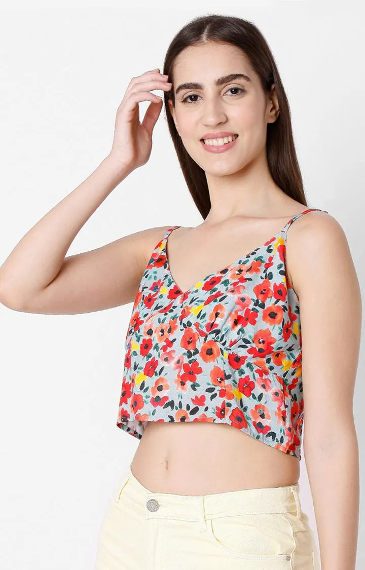 Spykar Floral Print Cotton Sleeveless Crop Top For Women