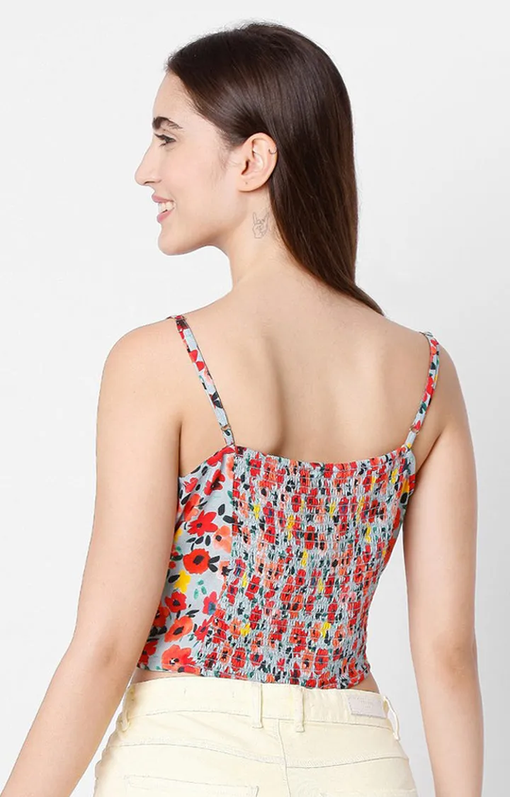 Spykar Floral Print Cotton Sleeveless Crop Top For Women