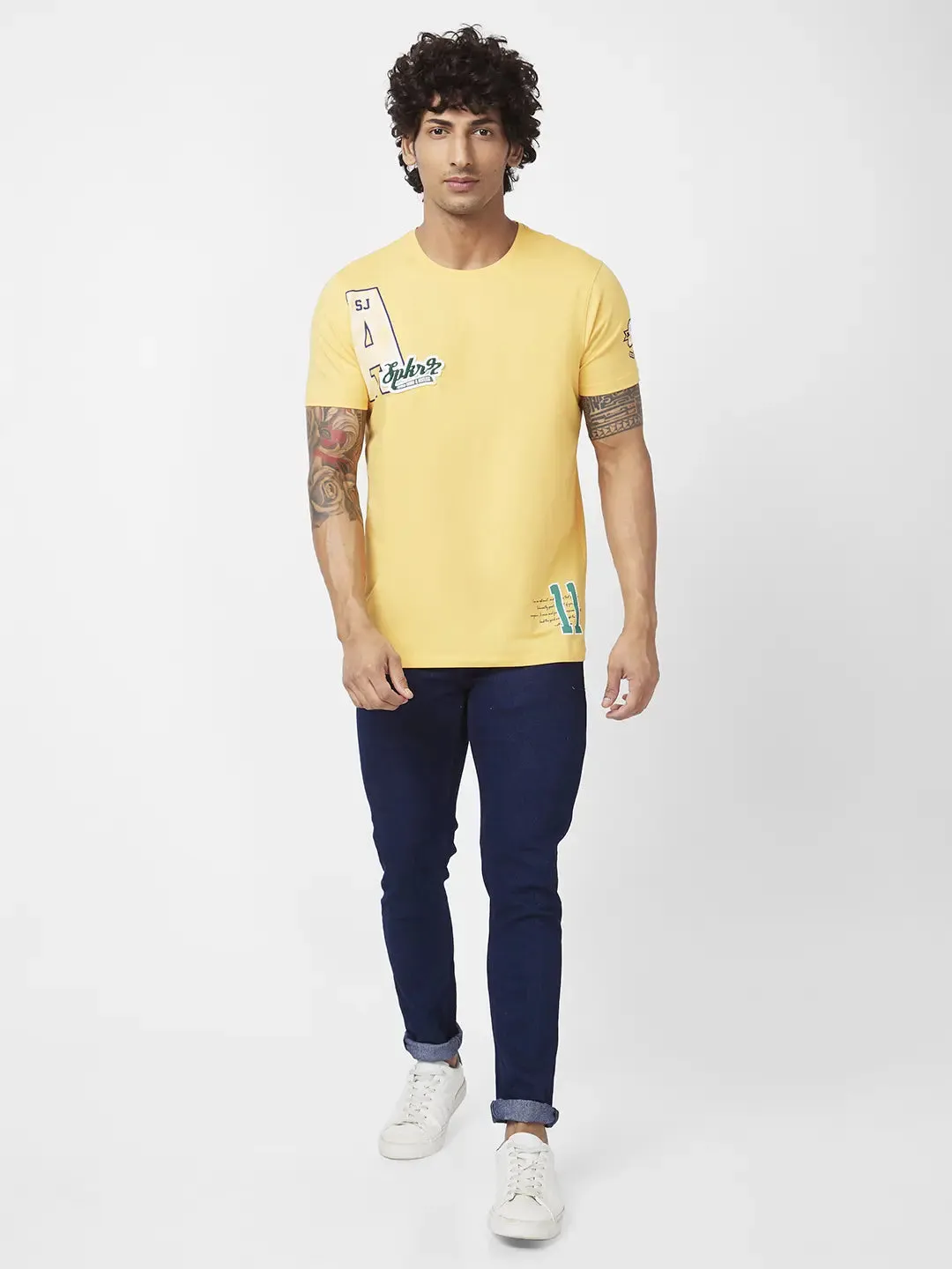 Spykar Men Amber Yellow Blended Slim Fit Half Sleeve Round Neck Printed Tshirt