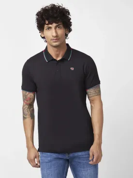 Spykar Men Black Blended Slim Fit Half Sleeve Polo Neck Plain Tshirt