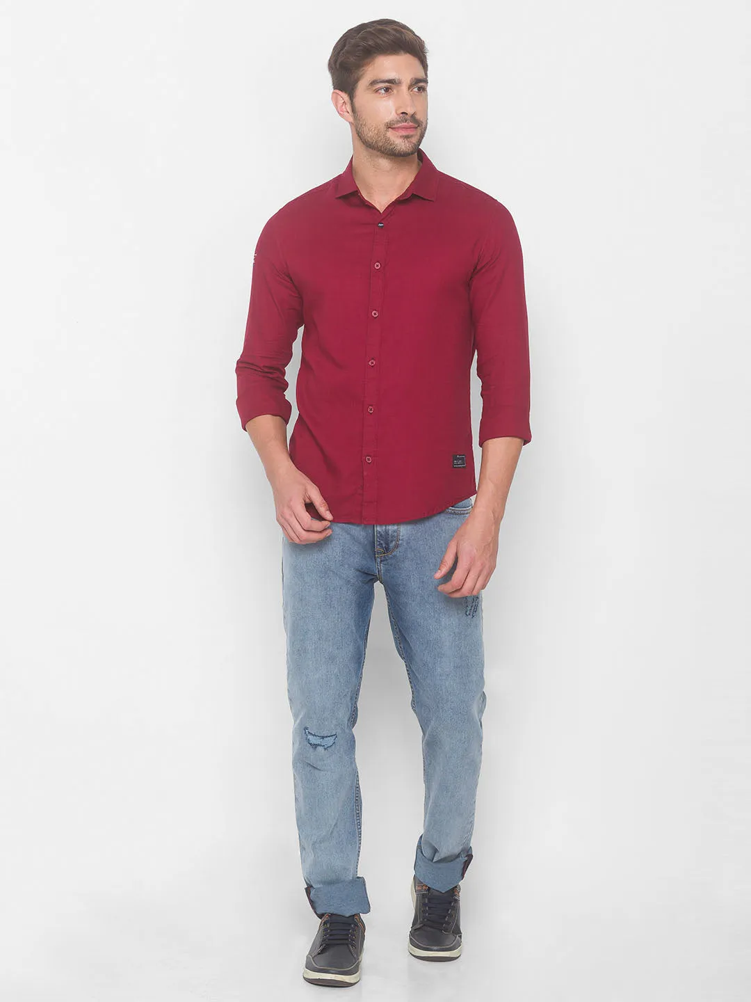 Spykar Men Deep Red Cotton Slim Fit Shirt