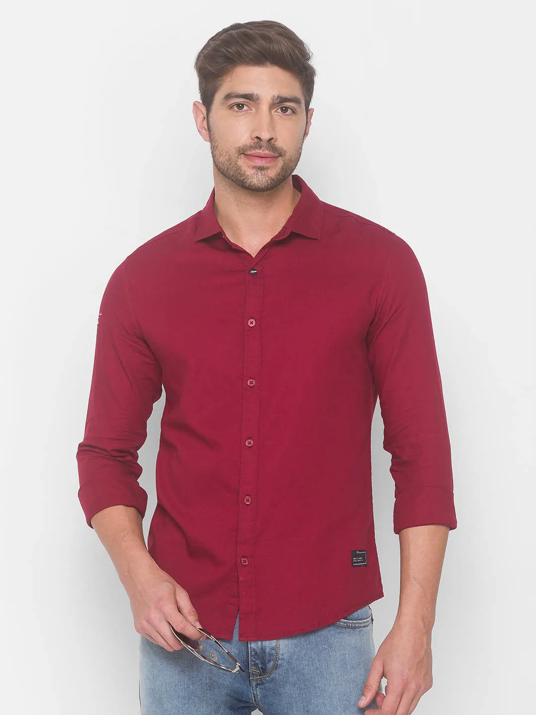 Spykar Men Deep Red Cotton Slim Fit Shirt