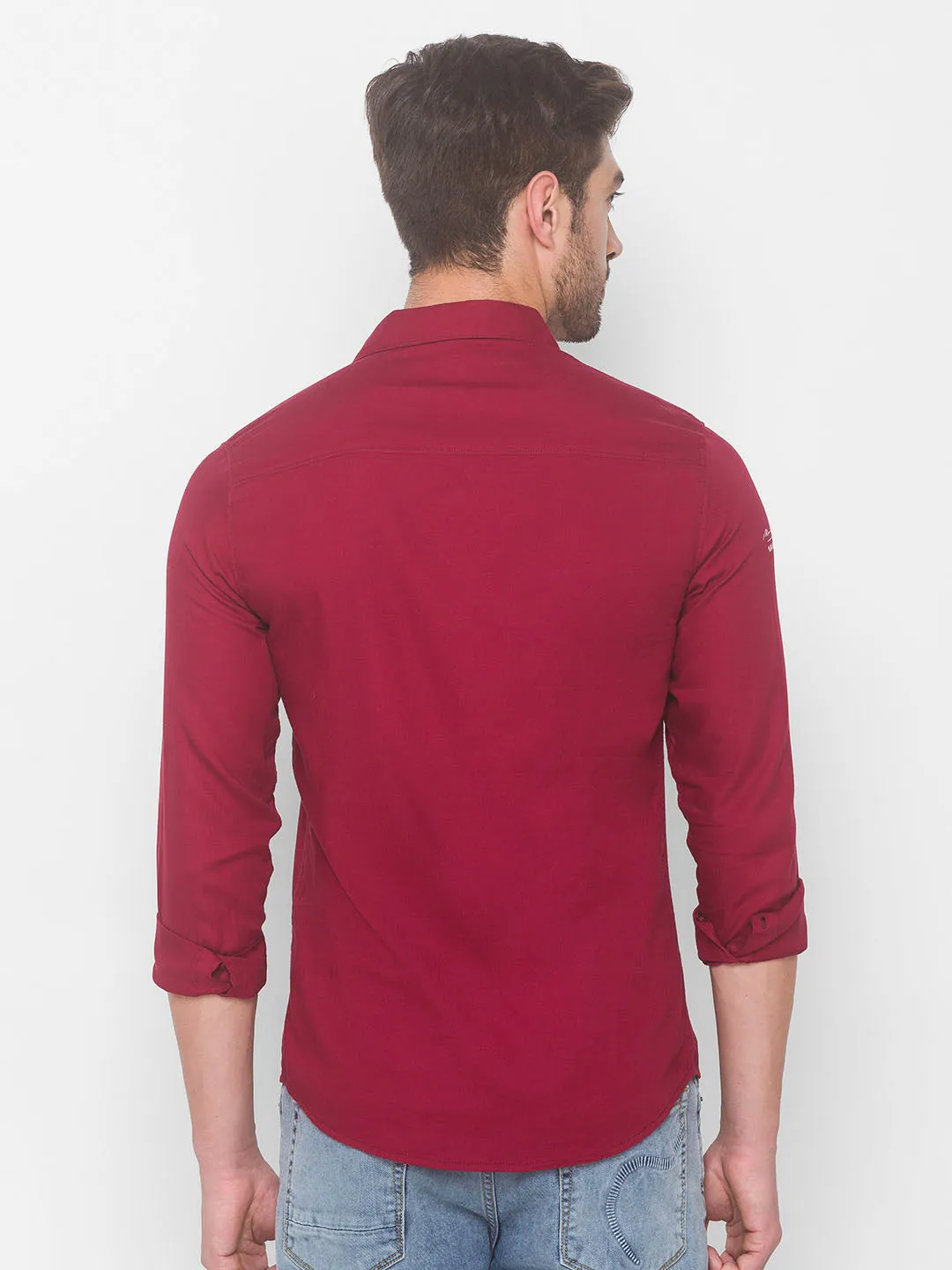 Spykar Men Deep Red Cotton Slim Fit Shirt