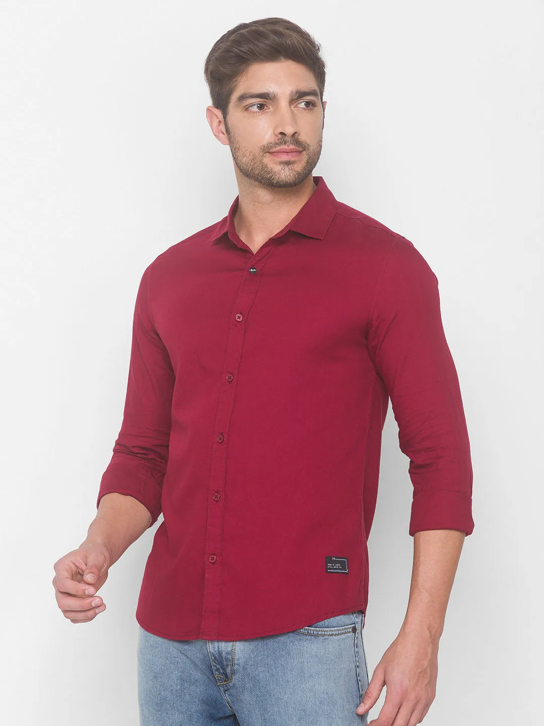 Spykar Men Deep Red Cotton Slim Fit Shirt