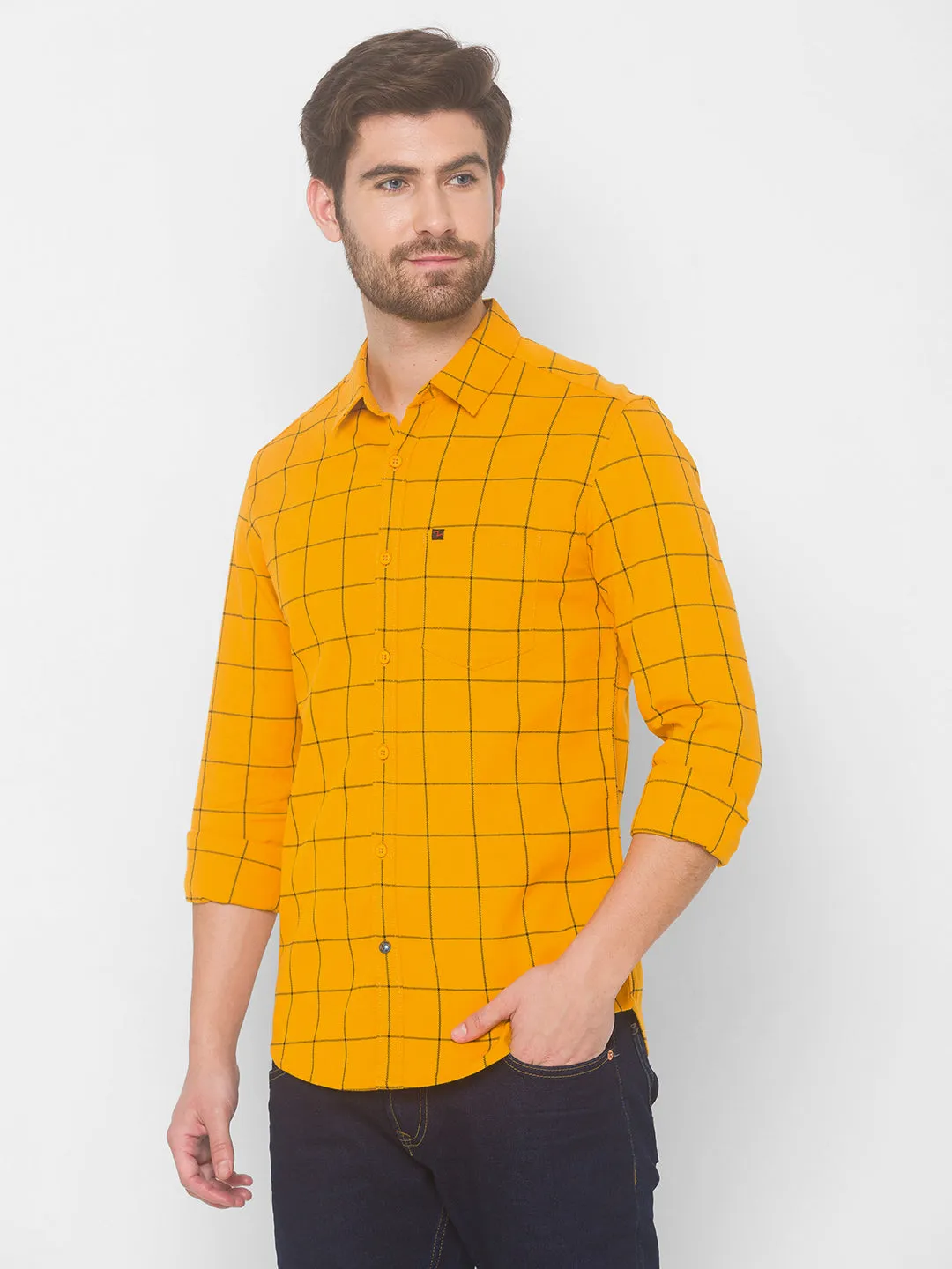 Spykar Men Gold Yellow Cotton Slim Fit Shirt