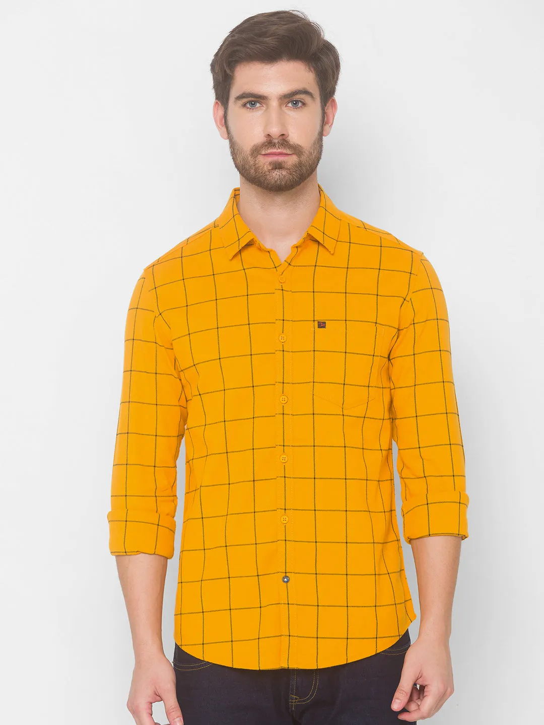 Spykar Men Gold Yellow Cotton Slim Fit Shirt