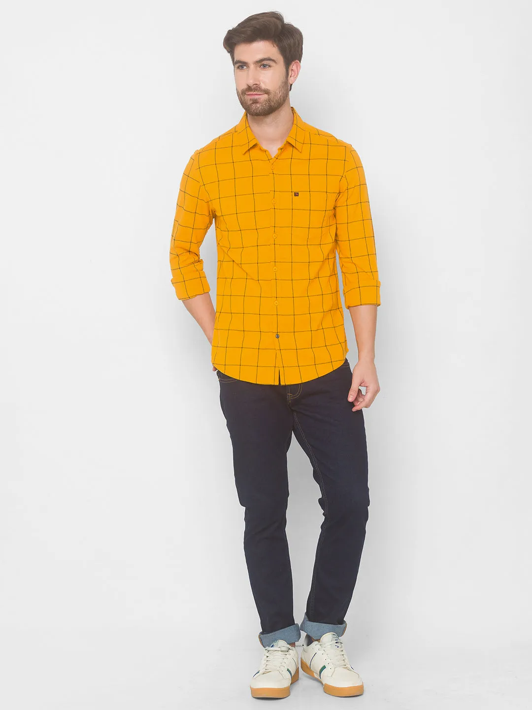 Spykar Men Gold Yellow Cotton Slim Fit Shirt