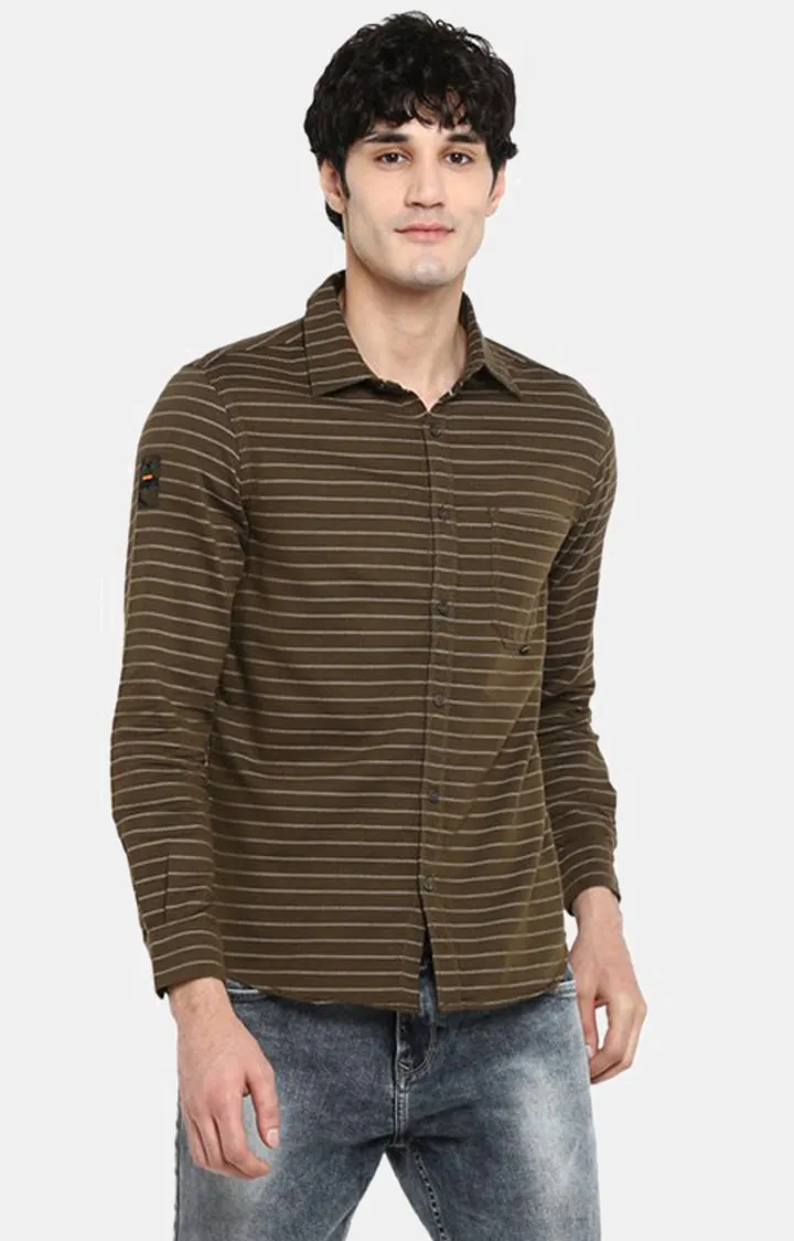 Spykar Men Khaki Striped Slim Fit Casual Shirt