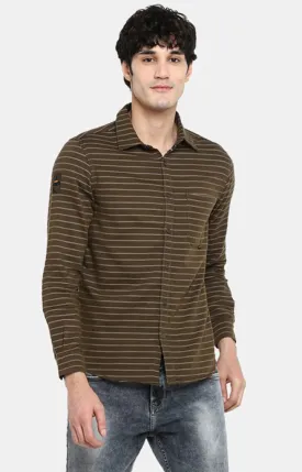 Spykar Men Khaki Striped Slim Fit Casual Shirt