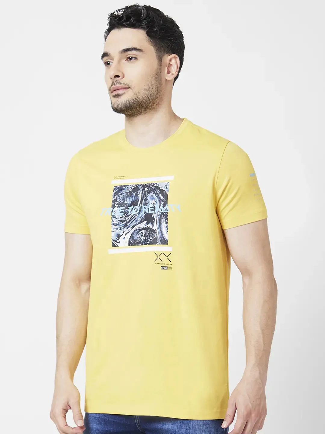 Spykar Men Lemon Yellow Blended Slim Fit Half Sleeve Round Neck Printed Tshirt