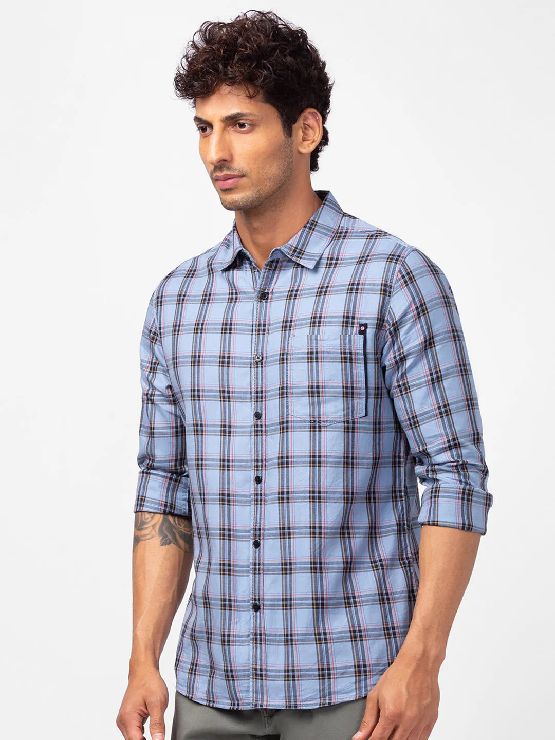 Spykar Men Lt Grey Cotton Regular Fit Checkered Shirts