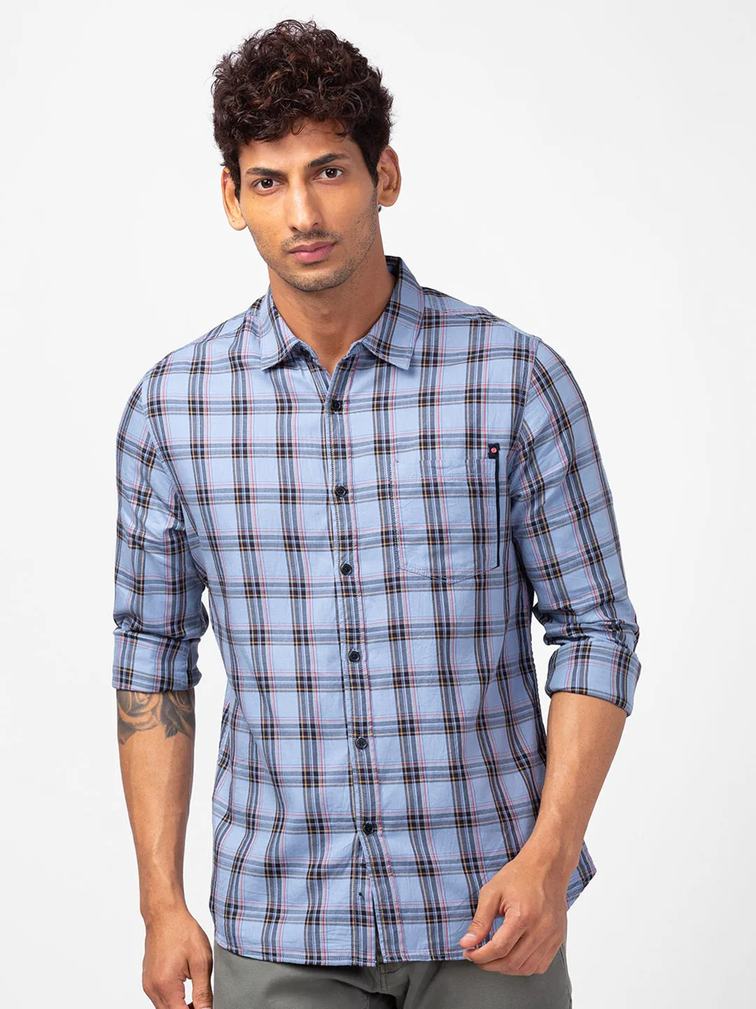 Spykar Men Lt Grey Cotton Regular Fit Checkered Shirts