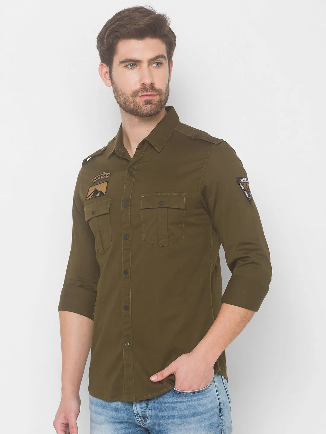 Spykar Men Military Green Cotton Slim Fit Shirt