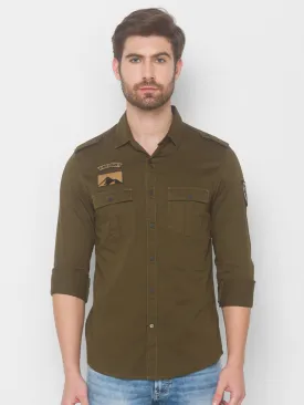 Spykar Men Military Green Cotton Slim Fit Shirt