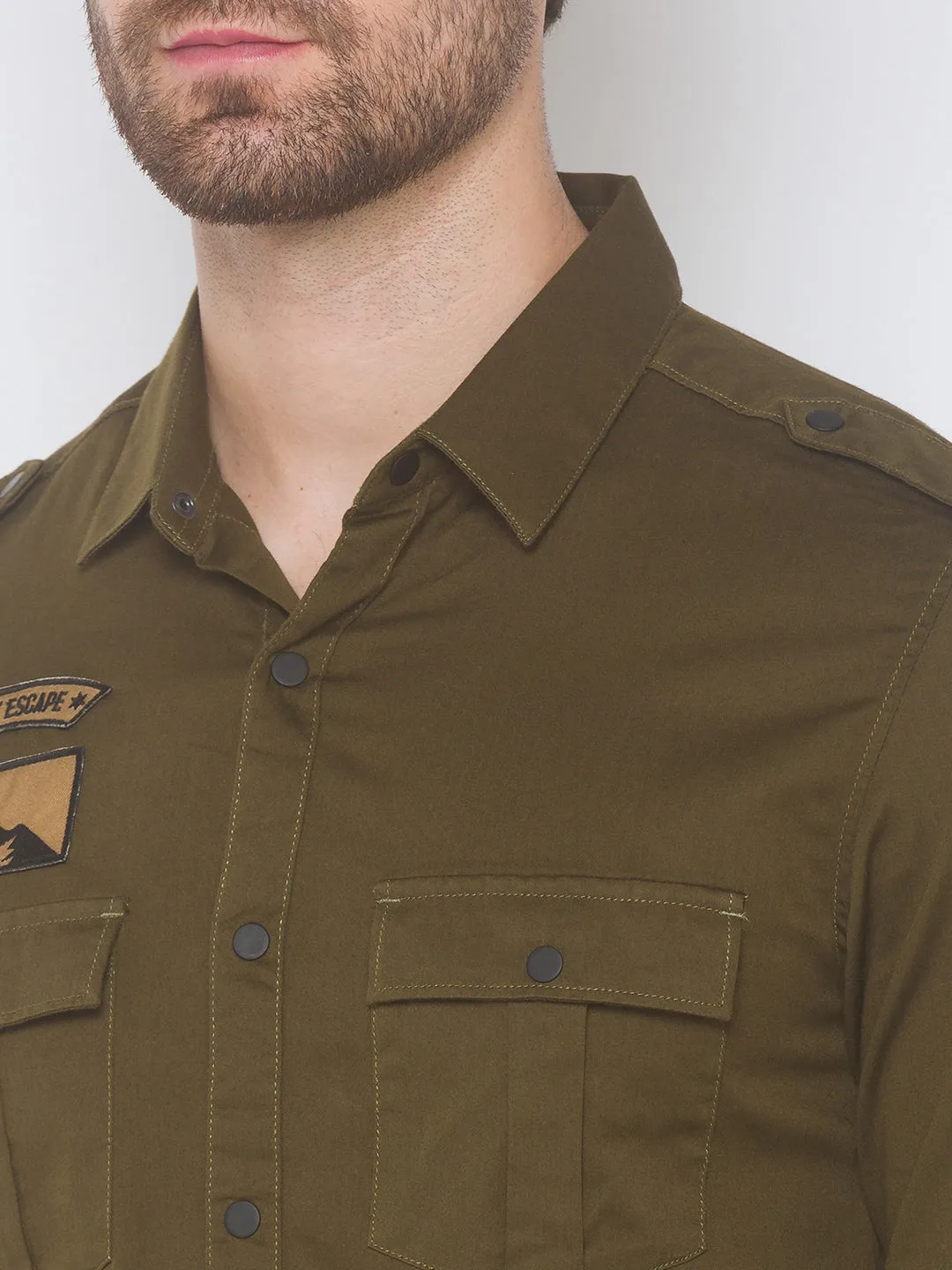 Spykar Men Military Green Cotton Slim Fit Shirt