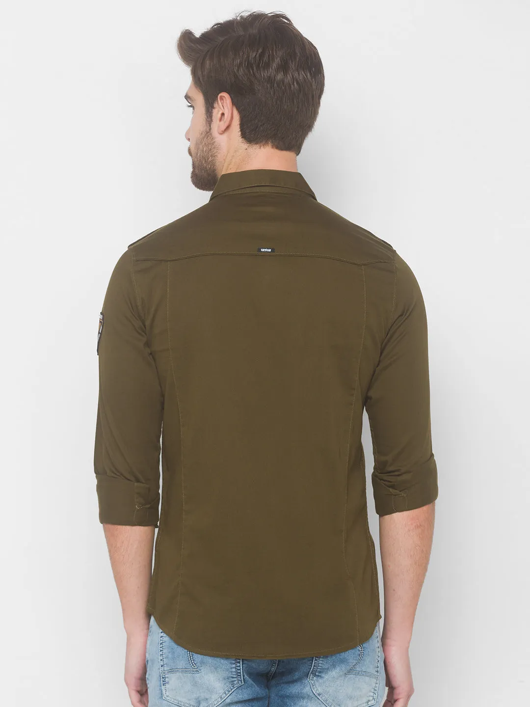 Spykar Men Military Green Cotton Slim Fit Shirt