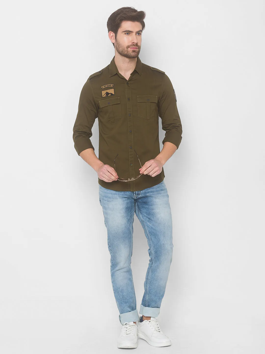 Spykar Men Military Green Cotton Slim Fit Shirt