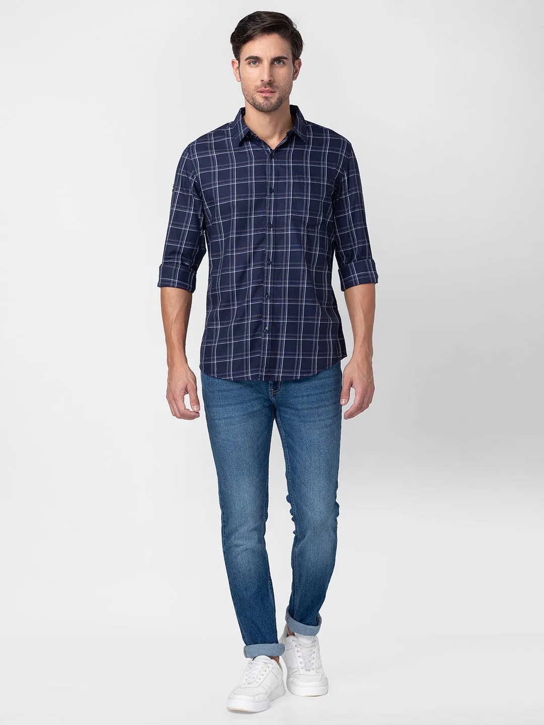 Spykar Men Navy Blue Cotton Regular Fit Checkered Shirts