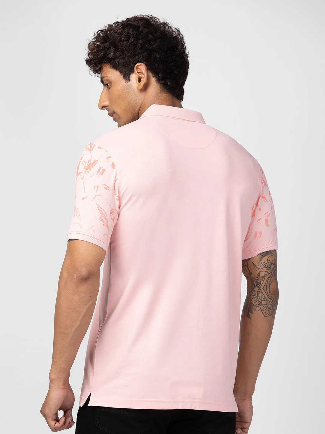 Spykar Men Peach Cotton Regular Fit Half Sleeve Printed Polo T-Shirt