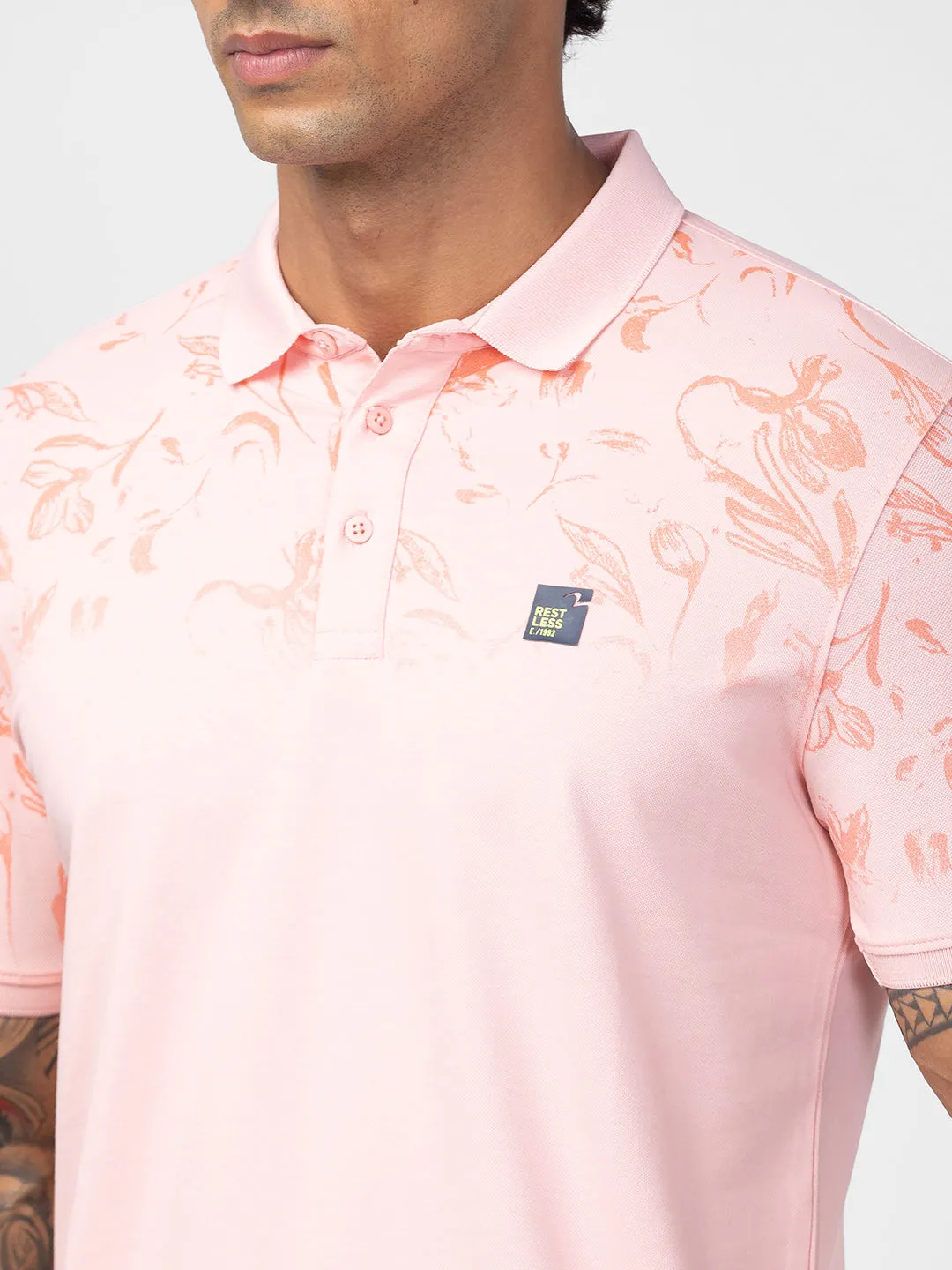 Spykar Men Peach Cotton Regular Fit Half Sleeve Printed Polo T-Shirt