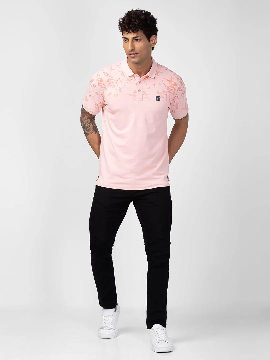 Spykar Men Peach Cotton Regular Fit Half Sleeve Printed Polo T-Shirt