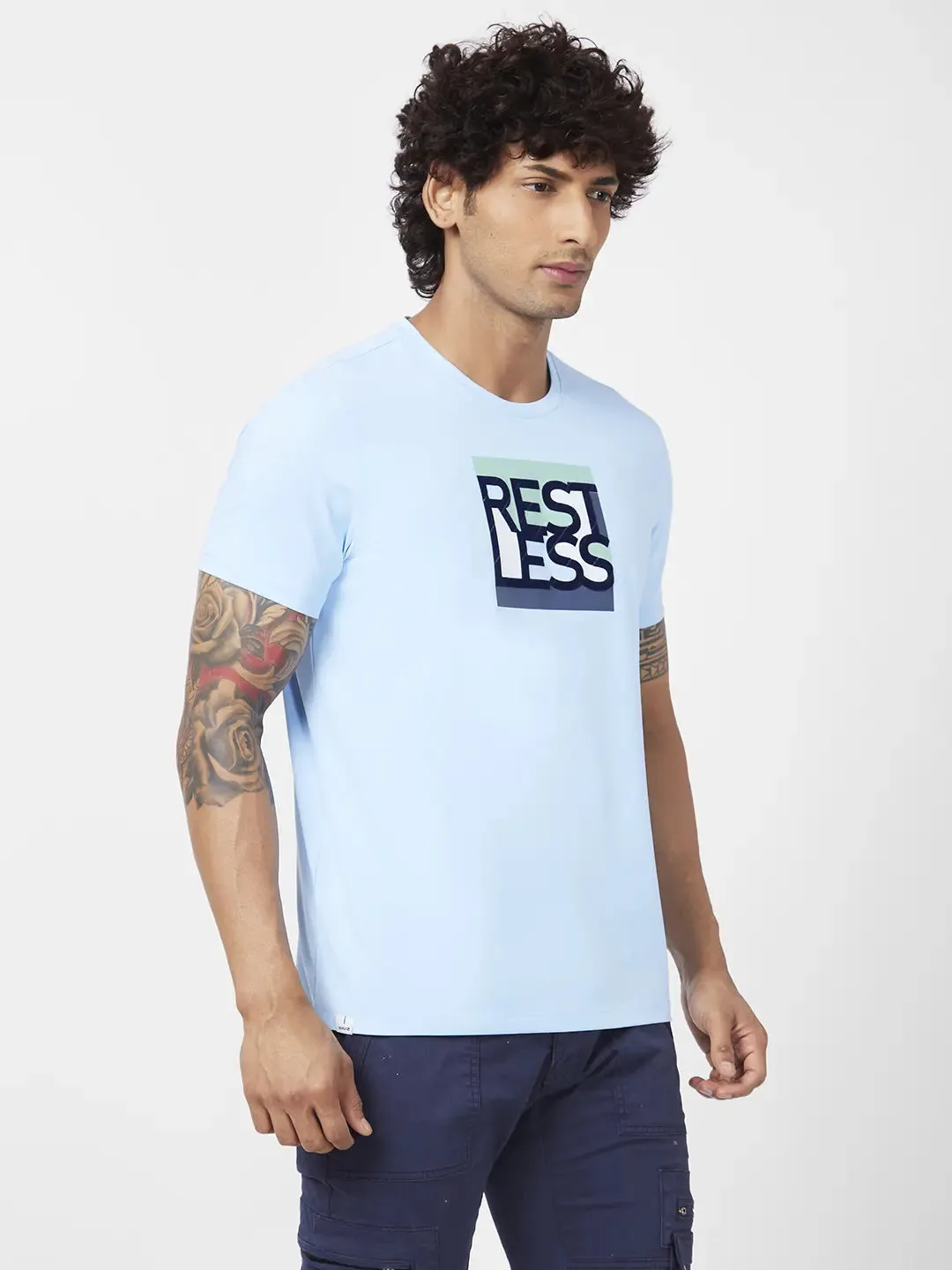 Spykar Men Powder Blue Blended Slim Fit Half Sleeve Round Neck Printed Tshirt