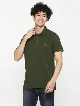 Spykar Men Rifle Green Cotton Slim Fit Plain Polo Neck Tshirt