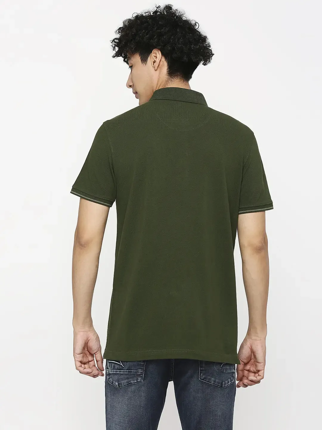 Spykar Men Rifle Green Cotton Slim Fit Plain Polo Neck Tshirt