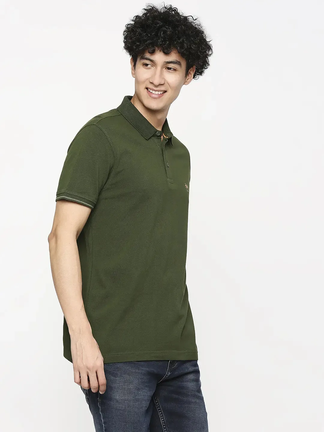 Spykar Men Rifle Green Cotton Slim Fit Plain Polo Neck Tshirt