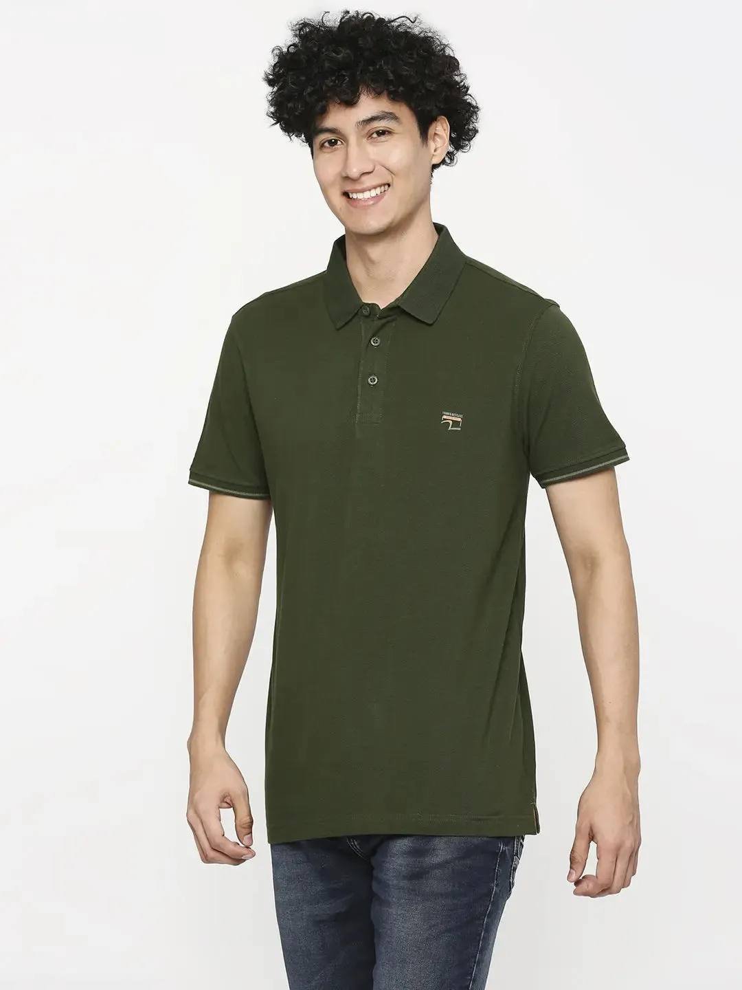 Spykar Men Rifle Green Cotton Slim Fit Plain Polo Neck Tshirt