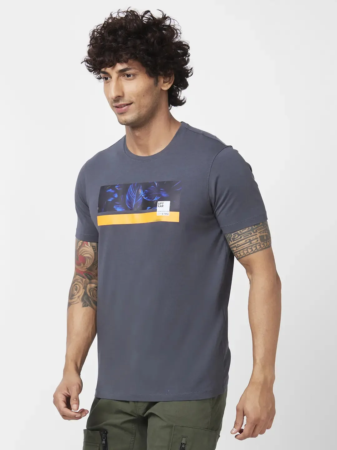 Spykar Men Slate Grey Blended Slim Fit Half Sleeve Round Neck Printed Tshirt