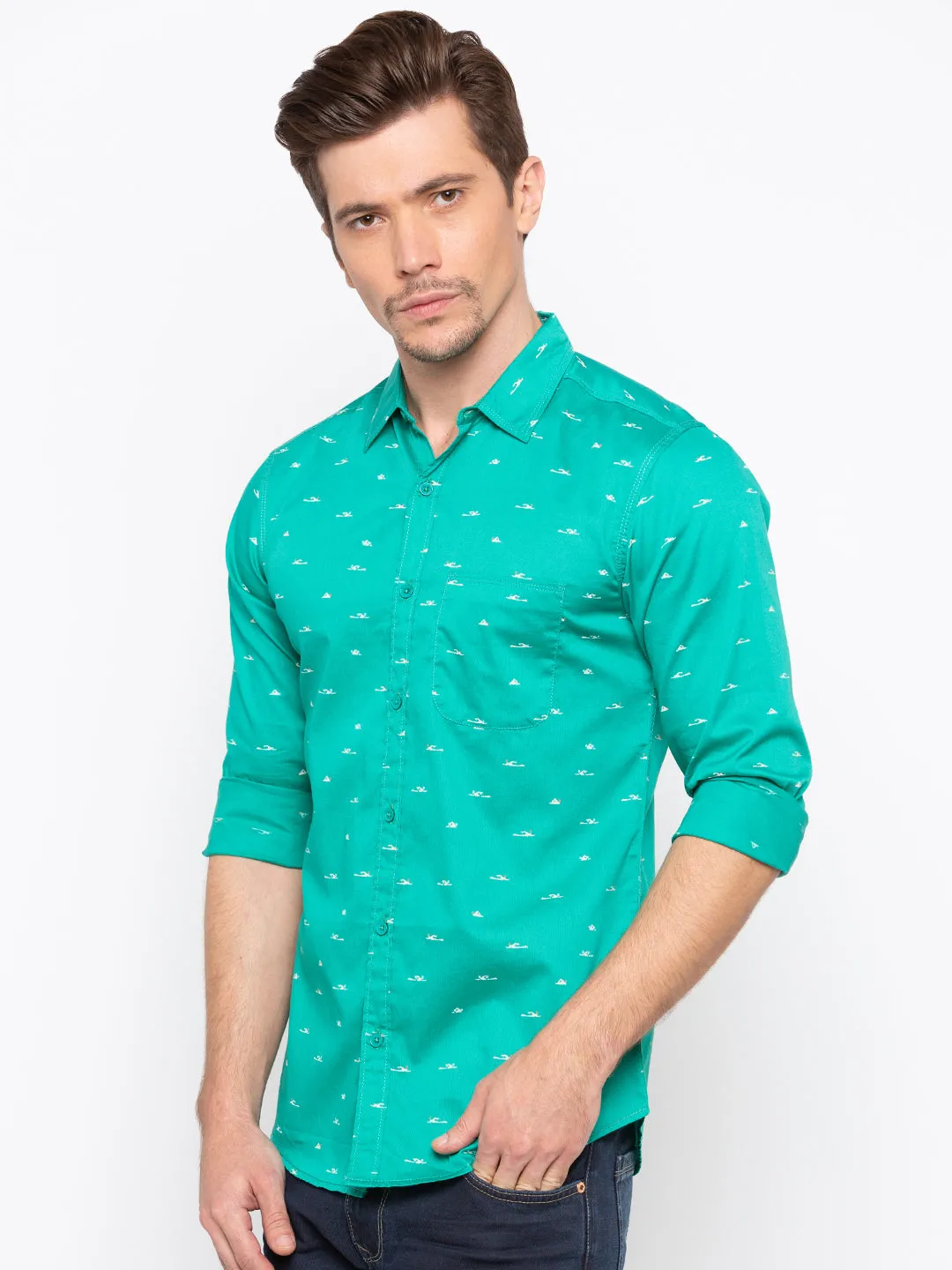 Spykar Men Turquoise Printed Slim Fit Casual Shirt