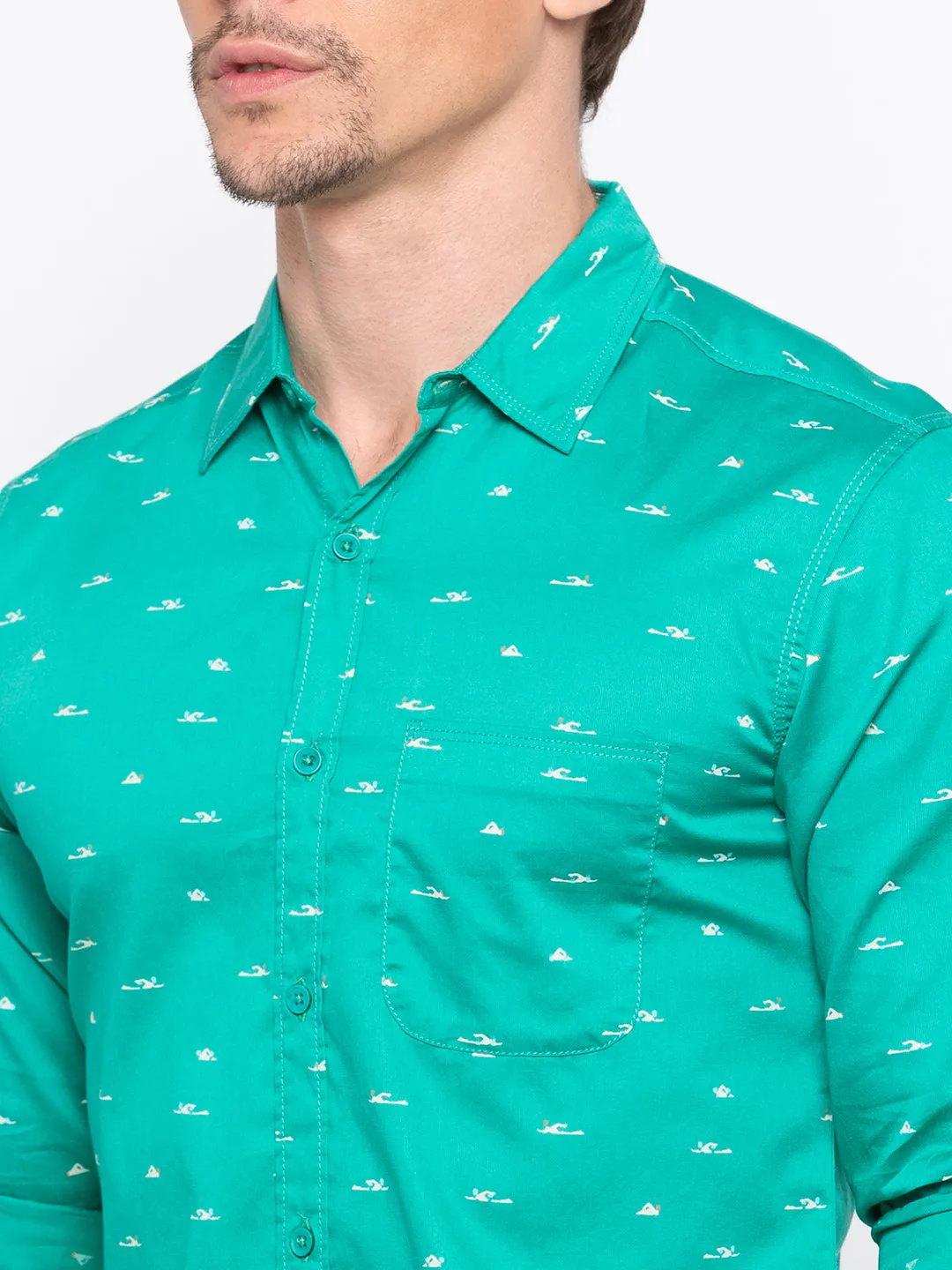 Spykar Men Turquoise Printed Slim Fit Casual Shirt