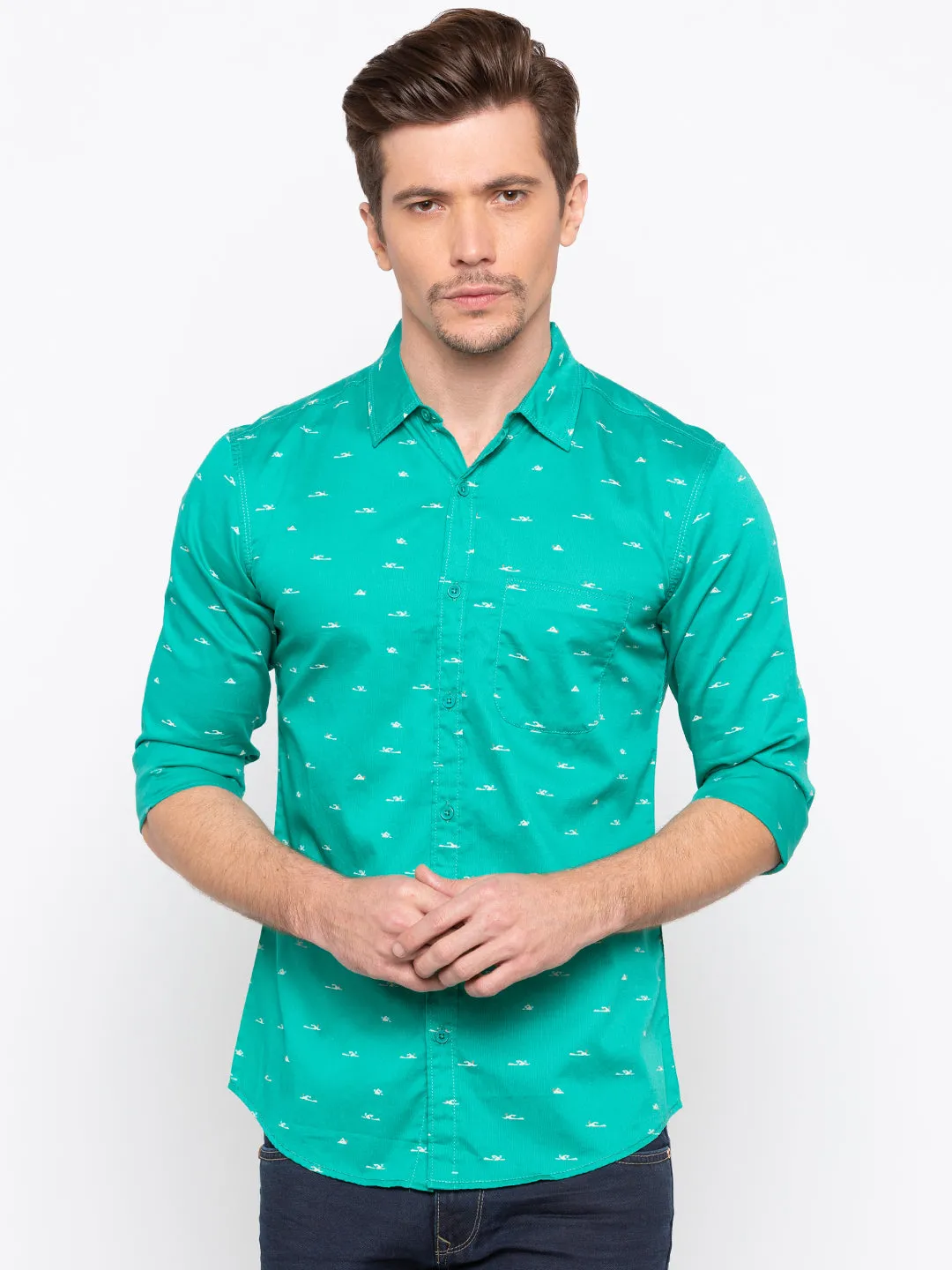 Spykar Men Turquoise Printed Slim Fit Casual Shirt